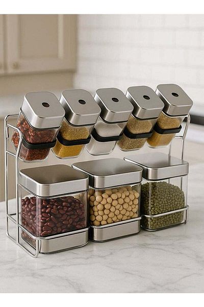 ALMUFARREJ 8-Piece Spice Bottle Set Silver/Clear 25 x 30 x 36cm