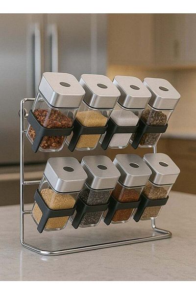 ALMUFARREJ 8-Piece Spice Bottle Set Silver/Clear 25 x 30 x 36cm