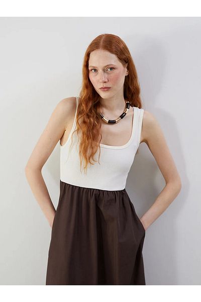 LC Waikiki Lcw Vision Ecru Square Neck Color Block Midi Dress