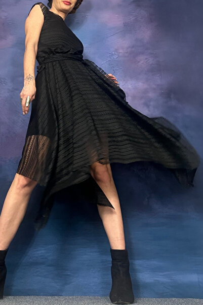 Quincey ASYMMETRICAL CUT LACE TEXTURED BOAT NECK BLACK DRESS WITH ELASTIC WAIST