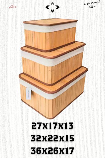 LİGROUND 3-Piece Bamboo Basket with Lid Wicker Bamboo Wooden Basket Bamboo Organizer Home Organizer Collection