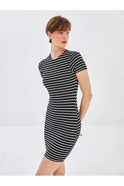 LC Waikiki Blai̇s Black Bicycle Neck Striped Short Sleeve Women's Bodycon Dress