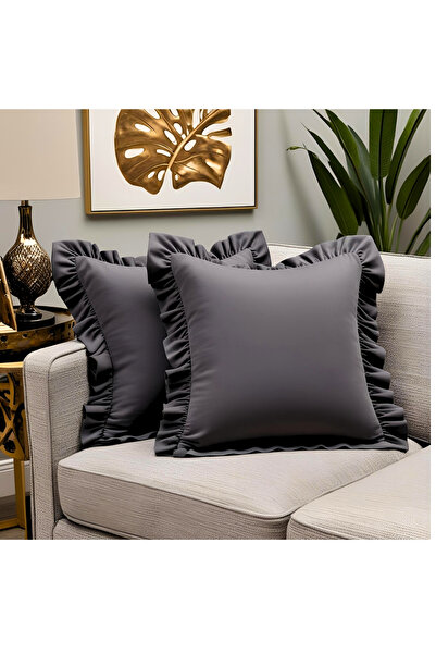 Bc Home Pack of 2 Anthracite Country Ruffled Square Throw Pillow Cover Soft T...