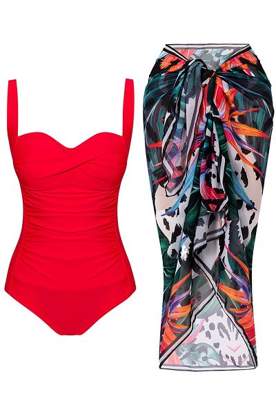CUPSEA Women's Gathering Draped Red Swimsuit Lana-Black Leaf Pattern Pareo Set of 2 Stylish and Slimming Effect