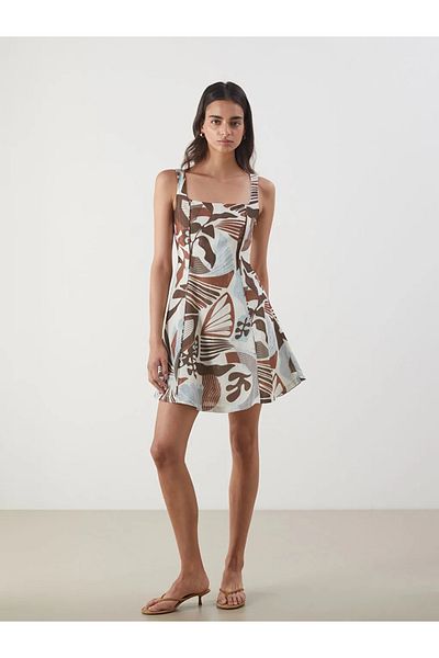 LC Waikiki Lcw vision brown square neck patterned linen look mini dress