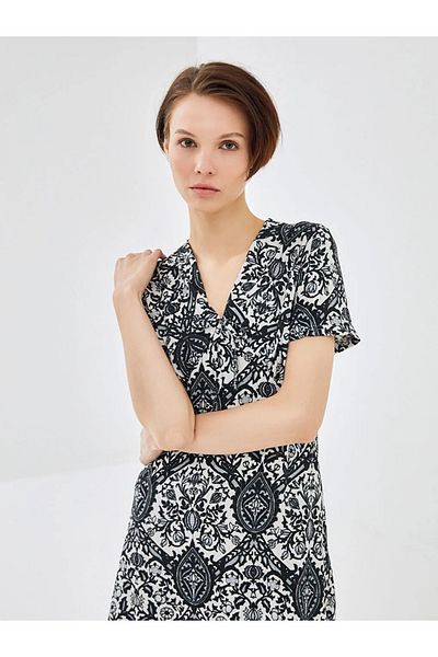 LC Waikiki BLAIS Black V-Neck Patterned Short Sleeve Women's Dress