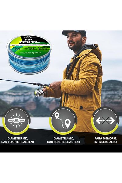 Fish & Paws Fir textil pentru pescuit Fish & Paws ® impletit in 4 fire, rezistent la abraziune si nod