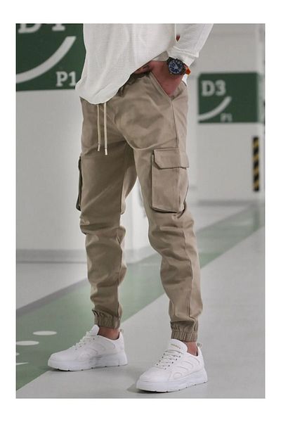 VIKUNYA Sand Beige Jogger Cotton Cargo Παντελόνι Ρυθμιζόμενη μέση Άνεση με ελαστικά πόδια