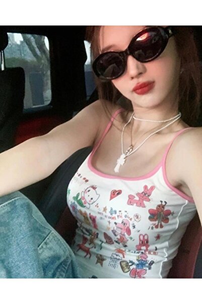 Gofeel Cute Hello Cat Askılı Pembe Crop