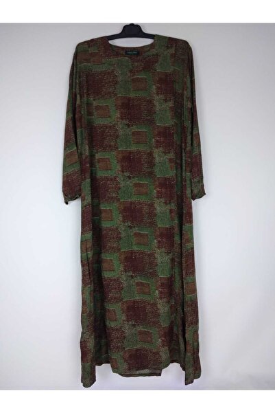 YAŞAR TRİKO Women's Green Pentagonal Collar Long Sleeve Sleeve Ankle Elastic Summer Viscose Long Dress 2 cm Water Pulls