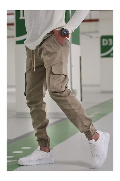 VIKUNYA Sand Beige Jogger Cotton Cargo Παντελόνι Ρυθμιζόμενη μέση Άνεση με ελαστικά πόδια