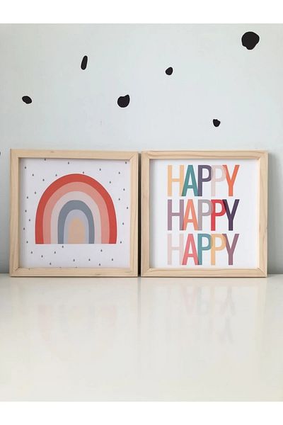 NT Handmade Natural Wood Edged Happy Rainbow Wall Decor Painting Set for Living Room Living Room Bedroom Kids Room