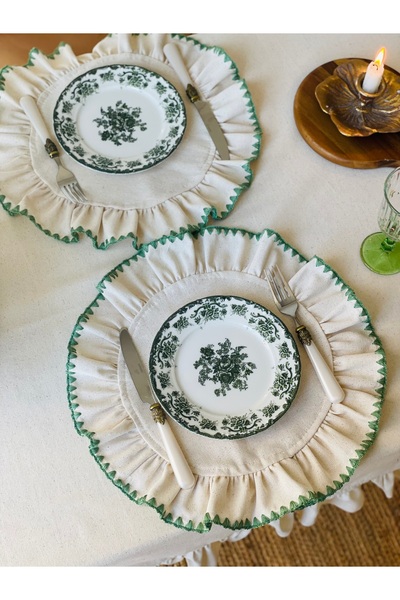 HOME OF BLOSSOM 6-Piece Raw Linen Frilly American Service/Placemat