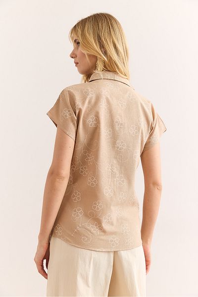 Olalook Women's Ivy Beige Patterned Linen Bat Shirt Gml-19001129