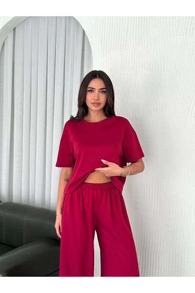 modaserdem Osy Modal Soft Textured Fabric Crew Neck T-Shirt Loose Wide Leg Trousers Double Set - Burgundy