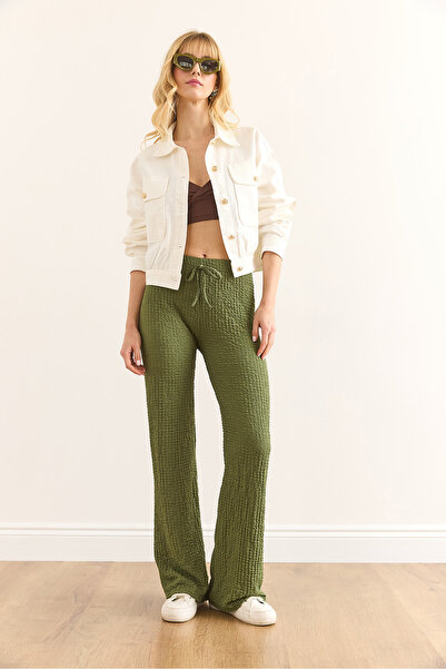 Olalook Kadın Haki Beli Lastikli Dokulu Palazzo Pantolon PNT-19000338