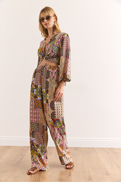 Olalook Kadın Çok Renkli Beli Bağcıklı Cepli Dokuma Viskon Pantolon PNT-19000341