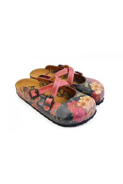 Goby Rose Flower Pattern Printed Closed Toe Red Green Sabo Women's Slippers