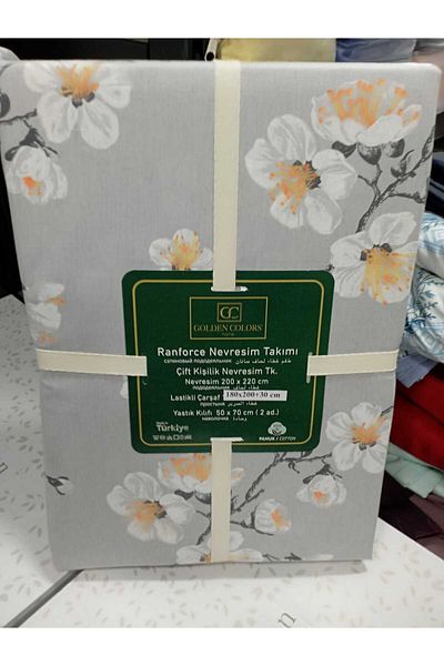 enti ev tekstili 100% Cotton Double Rubber Sheet Duvet Cover Set Gray-Cherry Blossom