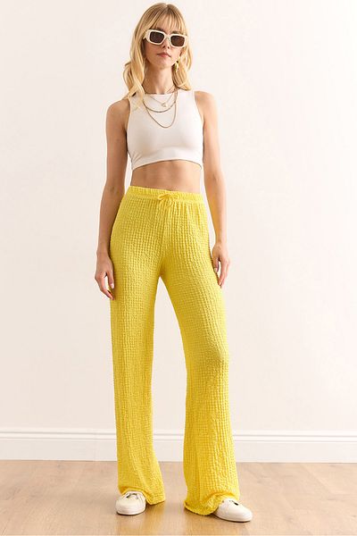 Olalook Women's Yellow Elastic Waist Textured Palazzo Trousers Pnt-19000338