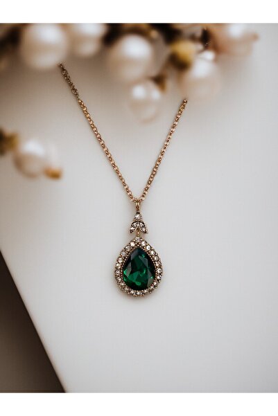 FAYRA ACCESSORIES Elmas Montür Kristal Taşlı Su Damlası Kolye