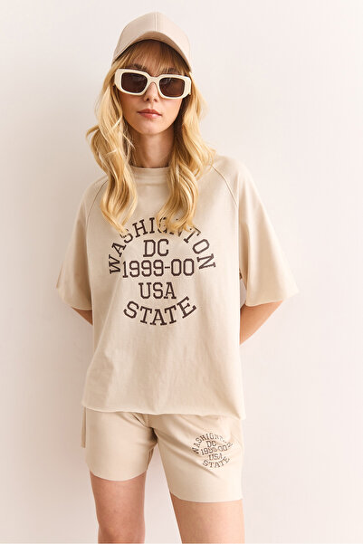 Olalook Women's Stone Printed Top Raglan Sleeve Bottom Pocket Shorts Cotton Tracksuit Suit Etkm-0000081