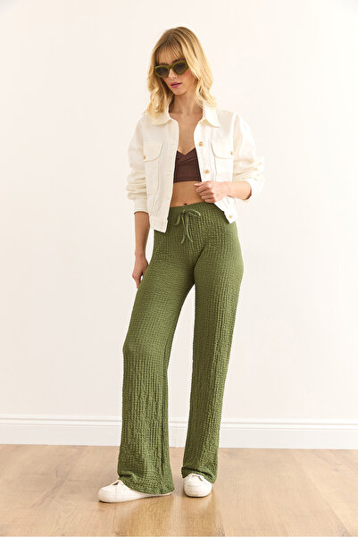 Olalook Kadın Haki Beli Lastikli Dokulu Palazzo Pantolon PNT-19000338