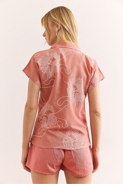 Olalook Women's Chain Rose Dried Patterned Linen Bat Shirt Gml-19001129
