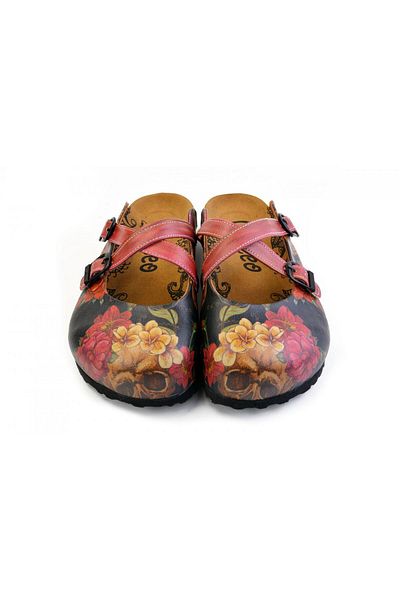 Goby Rose Flower Pattern Printed Closed Toe Red Green Sabo Women's Slippers