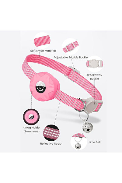 REDz Accessories Cat Collar with Case for Airtag, Reflective, Integrated Bell, Textile, Dark Pink