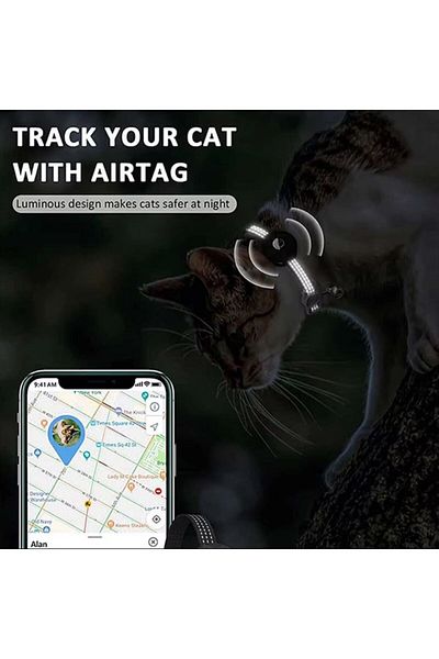 REDz Accessories Cat Collar With Case For Airtag, Reflective, Integrated Bell, Textile, Black