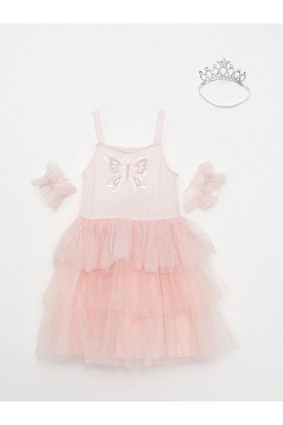 LC Waikiki Lcw Kids Rochie tutu pentru fetiță, cu guler pătrat, cu paiete brodate, coroană și mâneci (S2)