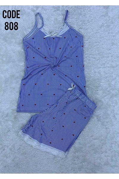 XORVİO Women's Rope Strap Shorts Lace Detailed Nightgown Patterned Soft Summer Cotton Pajama Set