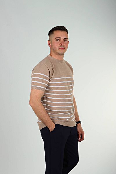 NESAFET Tmb Crew Neck ριγέ πλεκτό T-shirt καφέ