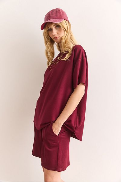 Olalook Women's Burgundy Top Oval T-Shirt Bottom Pocket Shorts Set Tkm-19000303