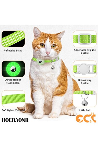 REDz Accessories Cat Collar with Airtag Case, Reflective, Integrated Bell, Textile, Light Green