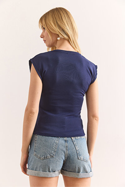 Olalook Жіноча темно-синя блузка з м'якої фактурної еластичної тканини BLZ-19002877