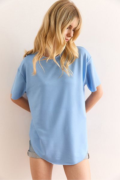 Olalook Tricou pentru femei Baby Blue Modal Button Soft Textured Six Oval TSH-19000771