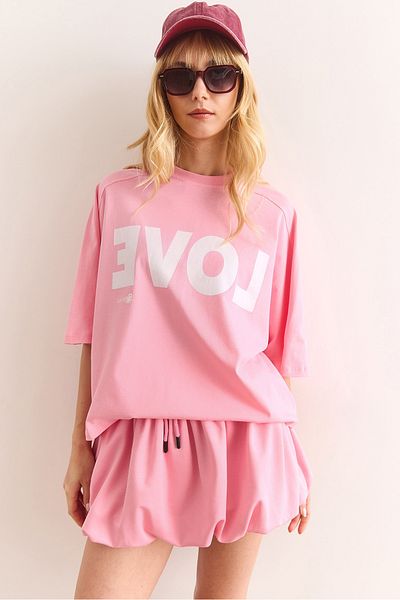 Olalook Women's Pink Love Printed Cotton Suit with Balloon Skirt Tkm-19000381