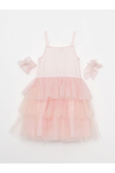 LC Waikiki Lcw Kids Rochie tutu pentru fetiță, cu guler pătrat, cu paiete brodate, coroană și mâneci (S2)