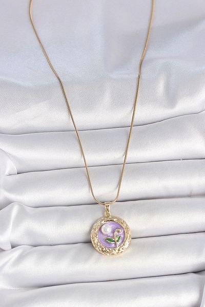 Clariss 316L Steel Gold Color Chain Purple Flower Embroidered Pearl Detail Portrait Model Women's Necklace