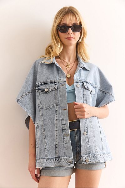 Olalook Vestă de damă albastră oversize din denim cu buzunar liliac YLK-19000068