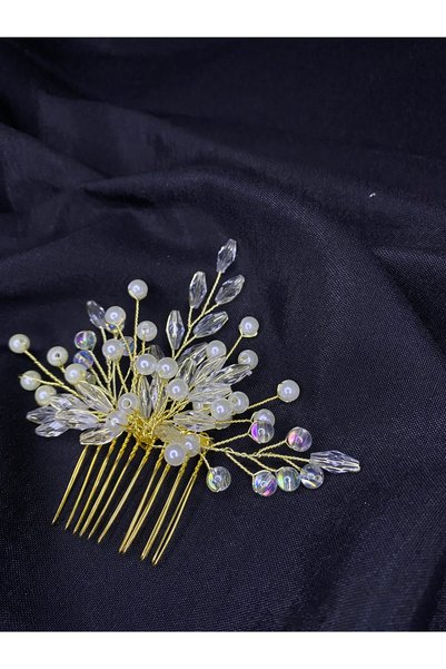 ERYA aksesuar Handmade Pearl and Crystal Stone Promise Engagement Bridal Scalloped Hair Accessory
