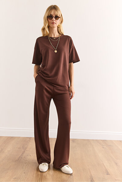 Olalook Women's Bitter Brown Bottom Pocket Pants Top T-Shirt Set Tkm-19000374