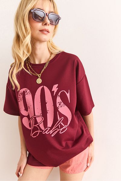 Olalook Tricou pentru femei, roșu Claret, cu imprimeu anilor 90, cu 2 fire, cu potrivire relaxată TSH-19000901