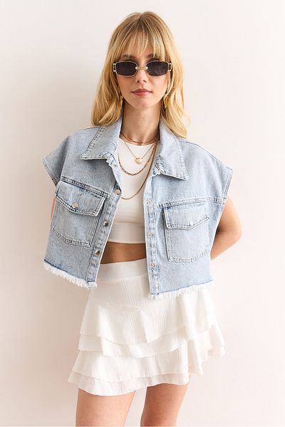 Olalook Vestă de damă albastră cu buzunar cu ciucuri, cu detaliu de liliac, din denim YLK-19000067