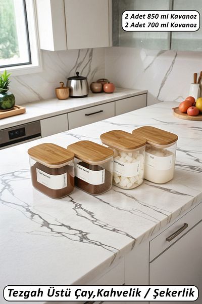 color house 4 Pieces Coffee Pot Sugar Bowl Rectangular Natural Bamboo Cover Borosilicate Glass Countertop Jar - B02