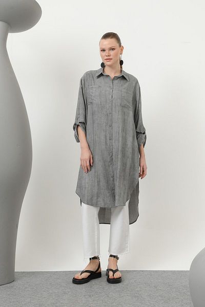 Puane Women's Shirt Collar Long Tunic with Front Pocket and Robe at the Back - 10639