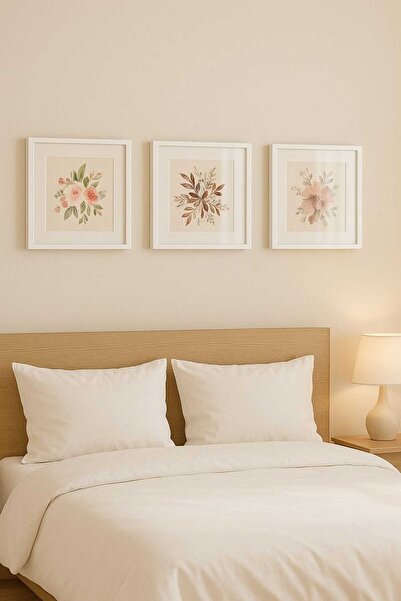 Tuğra Sanat Galerisi Camlı 3’lü Dekoratif Tablo Seti 30x30 Beyaz Çerçeve ve P...