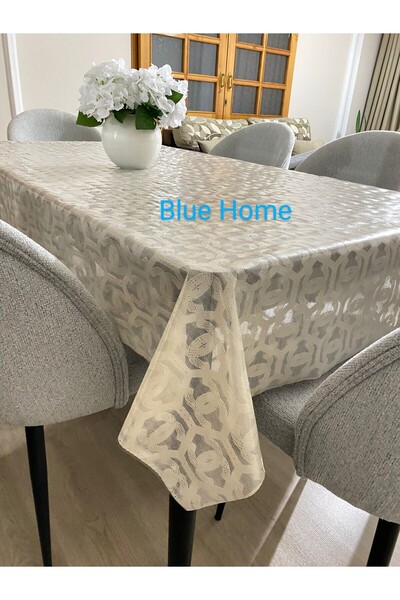 Blue Home مفرش طاولة من مادة PVC مقاوم للسوائل وسهل التنظيف وقابل للمسح من الدانتيل - كريمي